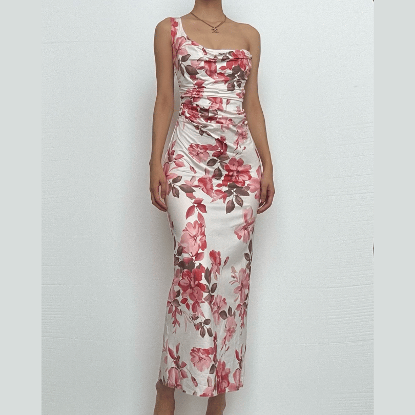 One shoulder ruched flower print maxi dress