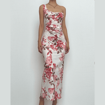 One shoulder ruched flower print maxi dress