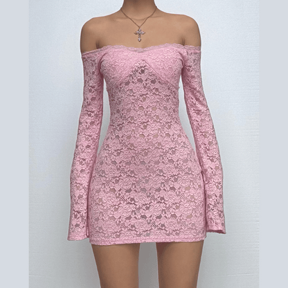 Long flared sleeve off shoulder lace see through mini dress