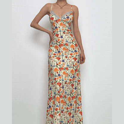 Print v neck lace hem knotted cami maxi dress