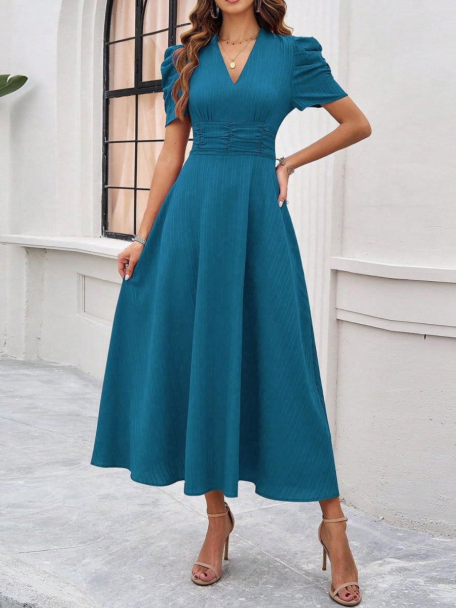 Pleated Waist Short Sleeve Maxi Dresses