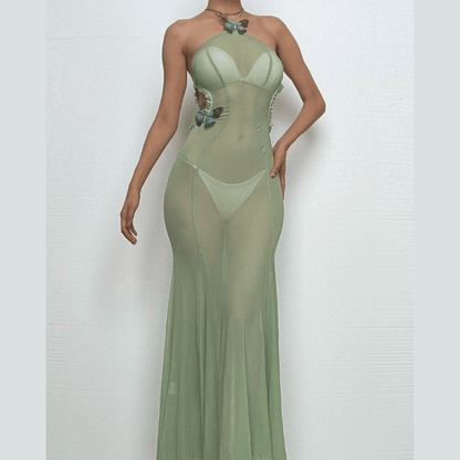 Halter sheer mesh butterfly applique backless maxi dress-final-sale