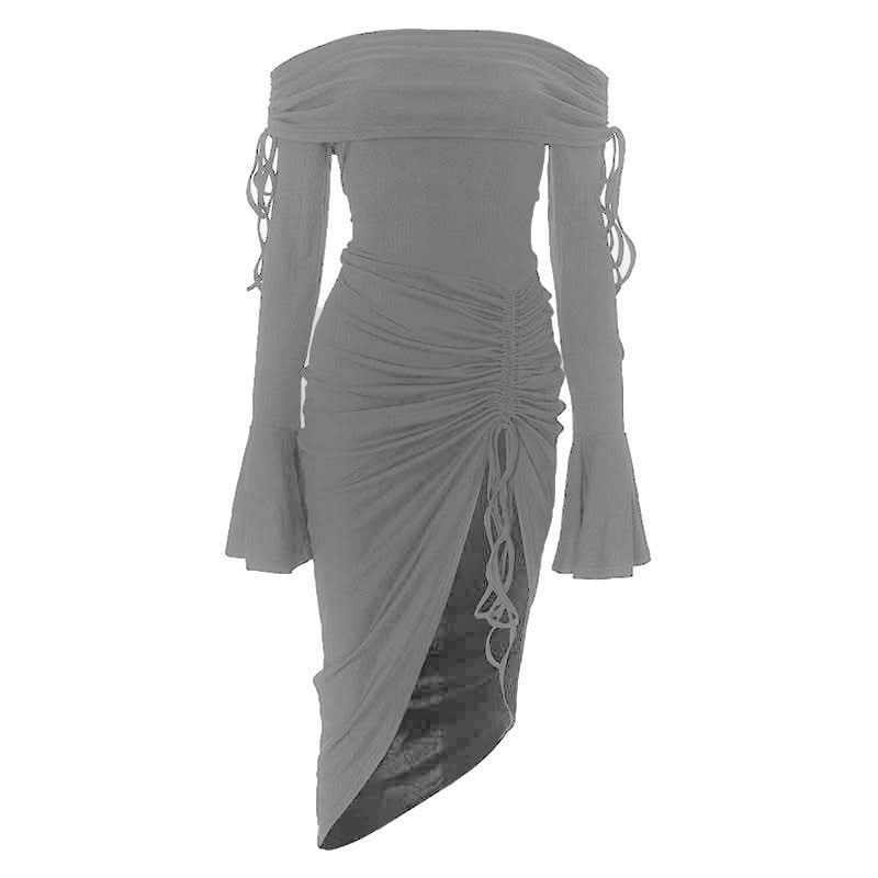 Flared sleeve off shoulder slit ruched self tie midi dress