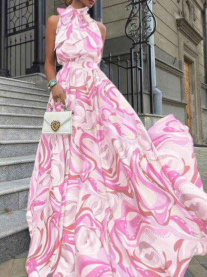 Halter Neckline Bow Tie Big Swing Maxi Dresses