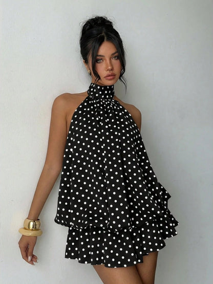 Halter Backless Lace Up Bud Polka Dots Mini&Short Dresses
