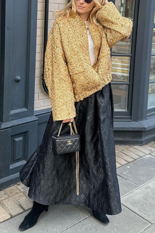 Stand Collar Zip Up Pocketed Sequin Jacket