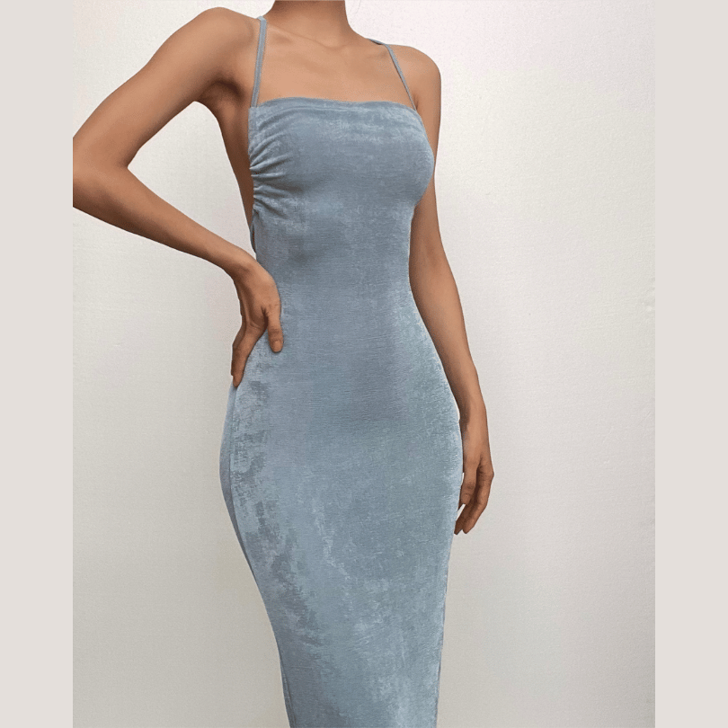 Halter Criss Cross Tie Back Cowl Back Maxi Dress