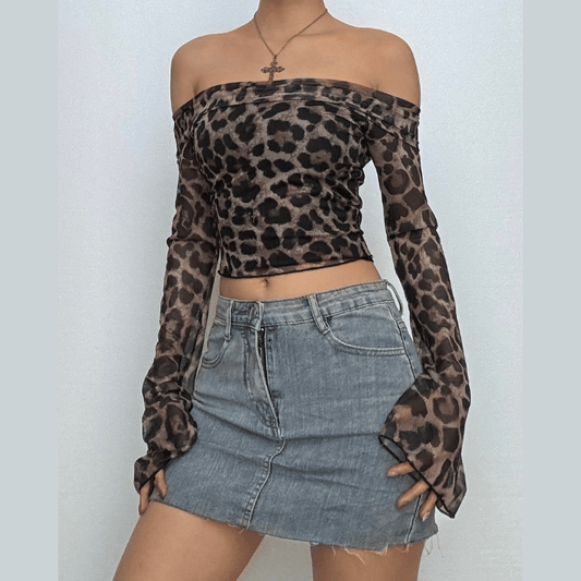 Long sleeve off shoulder leopard print ruffle top