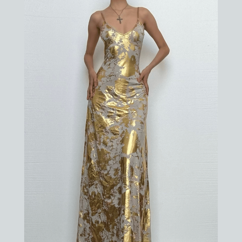 V neck backless metallic print contrast cami maxi dress
