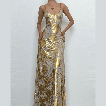 V neck backless metallic print contrast cami maxi dress