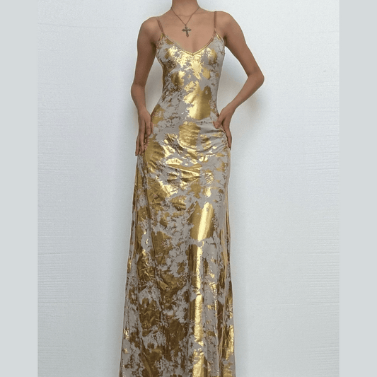 V neck backless metallic print contrast cami maxi dress