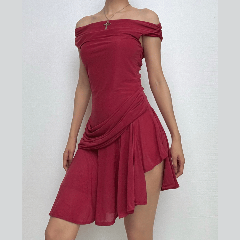 One shoulder ruched solid slit mini dress