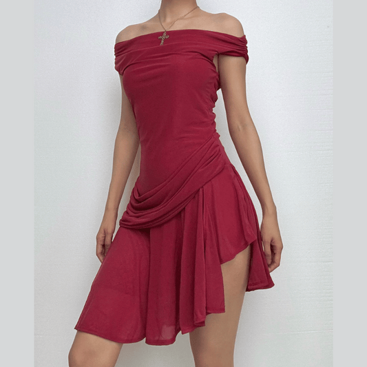 One shoulder ruched solid slit mini dress