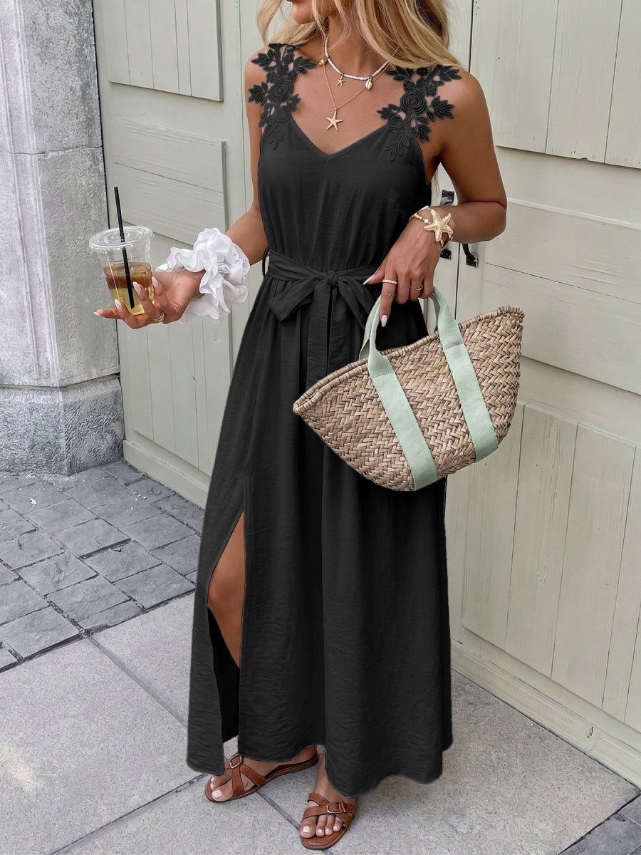 Embroidered Lace Patchwork Slit Bandage Maxi Dresses