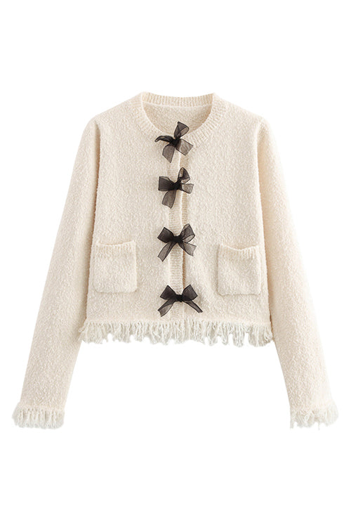 Meridress Crewneck Frayed Hem Pocketed Bow Sweater