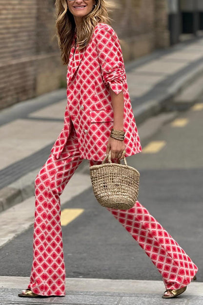 Geometric Print Lapel Double Breasted Blazer and Flare Pants Set