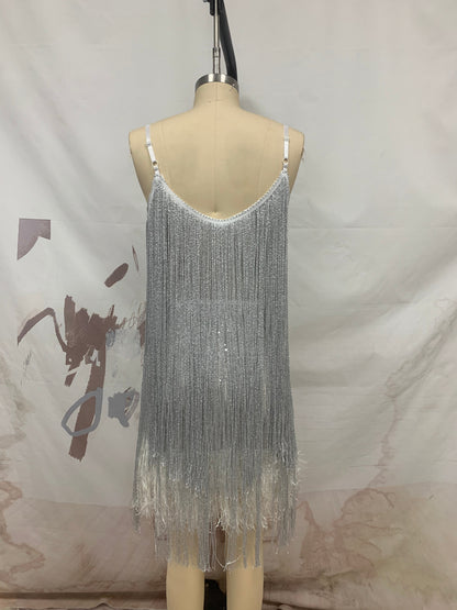 Silver Tassel Fringe Furry Sequins A LineDress