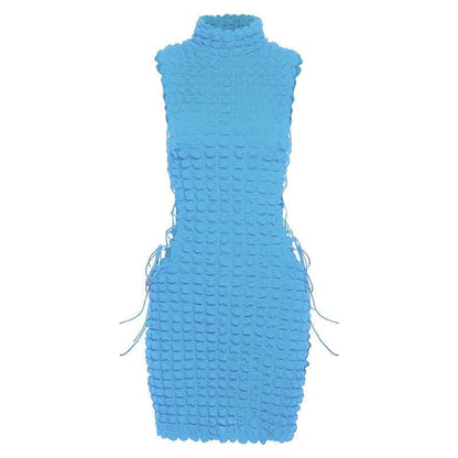 Sleeveless high neck lace up side mini dress
