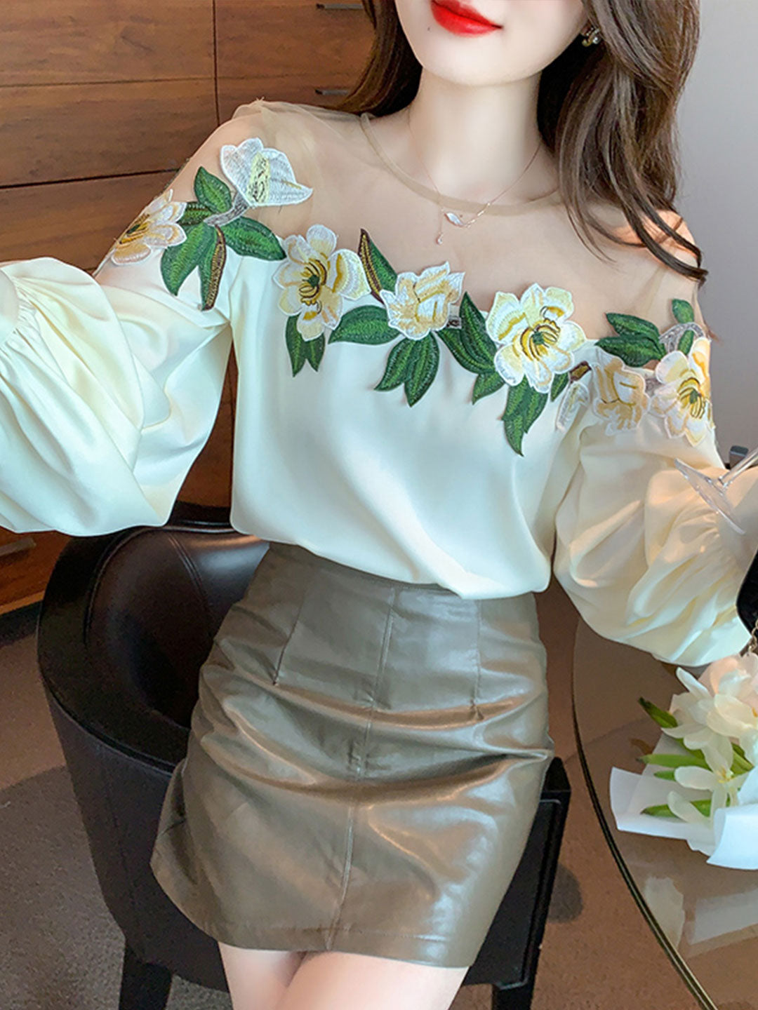 Gianna Elegant Embroidered Mesh Blouse