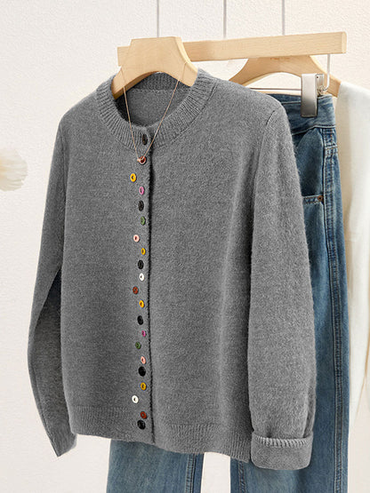 Aaliyah Classic Crew Neck Buttoned Knitted Cardigan-White