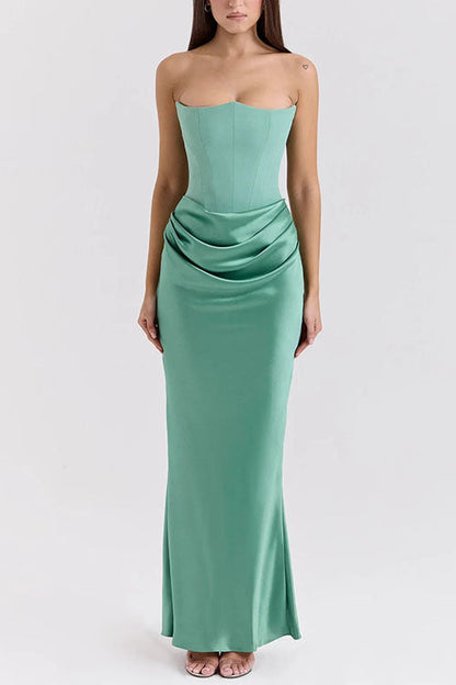 Meridress Strapless Ruched Satin Splice Bodycon Maxi Dress