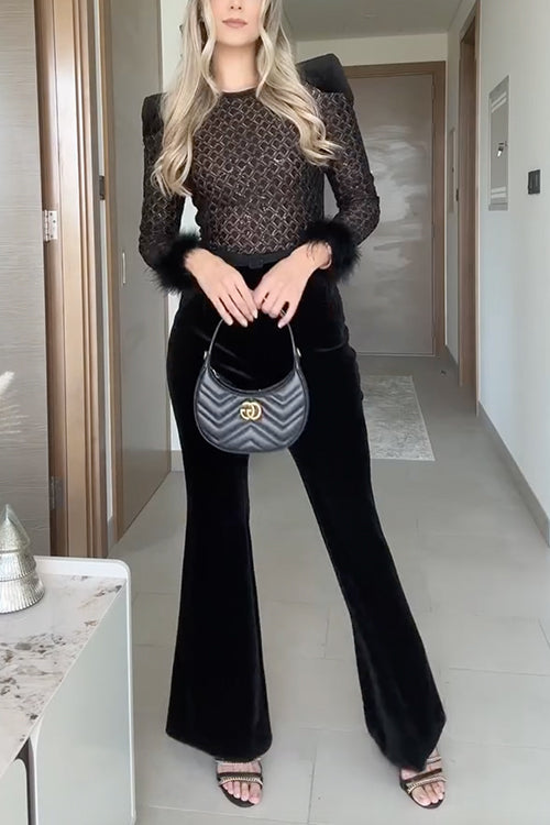 Feather Cuffs Bell Bottom Velvet Splice Jumpsuit