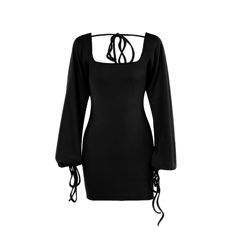 Long sleeve u neck self tie backless mini dress