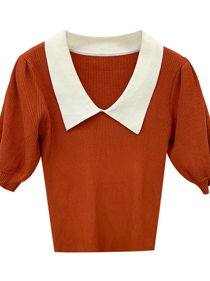 Alexis Retro Lapel Puff Sleeve Knitted Tops-Yellow