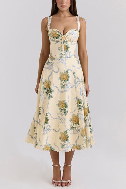 Meridress Lace Trim Drawstring Floral Print Midi Cami Dress