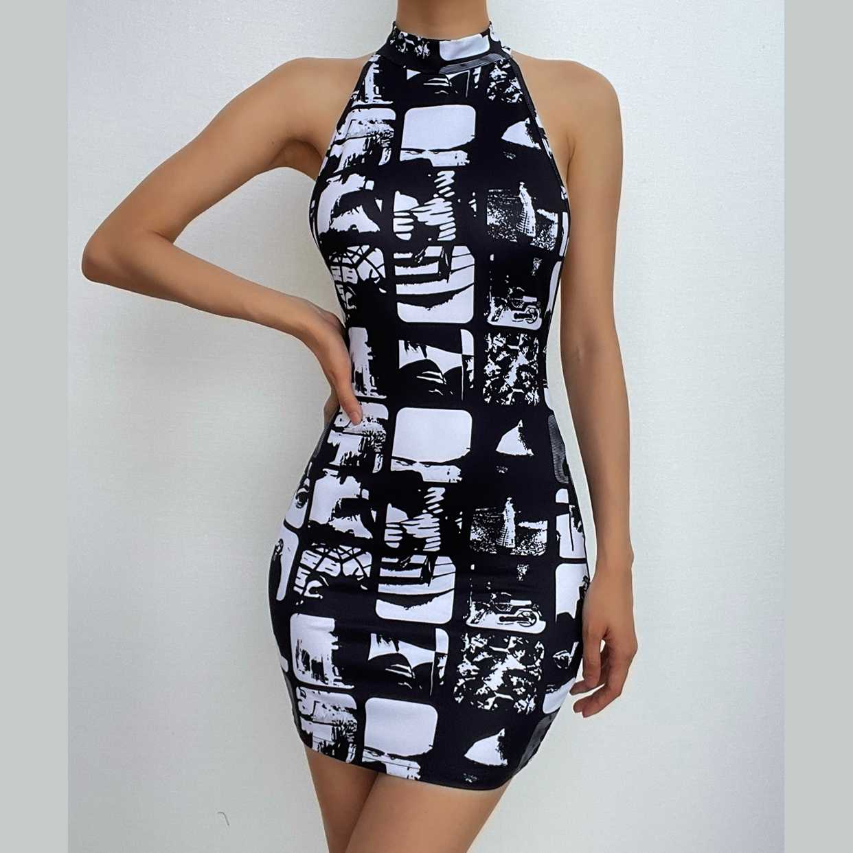 Graphic Collage Print Halter Neck Sleeveless Bodycon Mini Dress