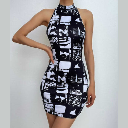 Graphic Collage Print Halter Neck Sleeveless Bodycon Mini Dress
