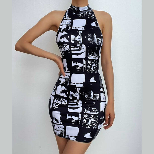 Graphic Collage Print Halter Neck Sleeveless Bodycon Mini Dress