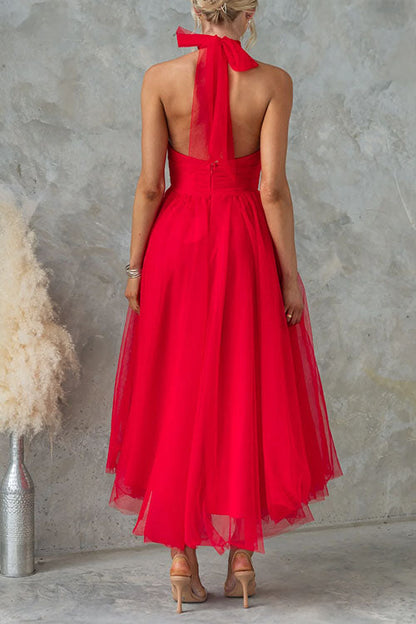 Meridress Bow Knot Halter Open Back Tulle Maxi Dress