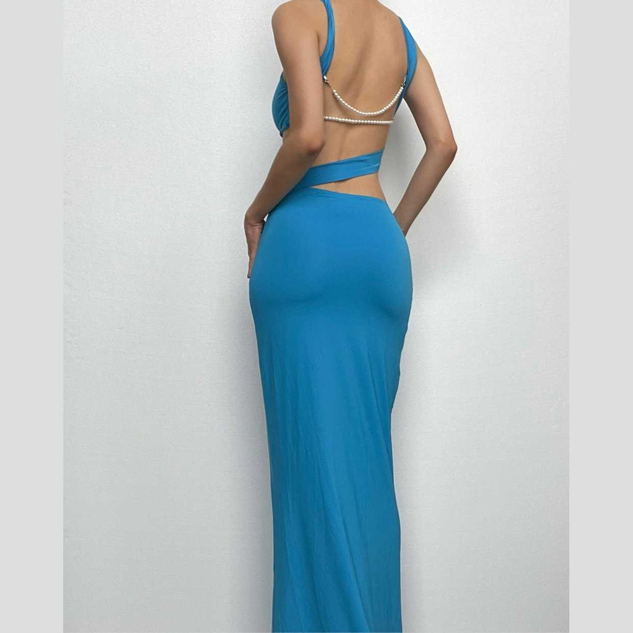 Backless hollow out o ring pearl chain solid cut out maxi dress-final-sale