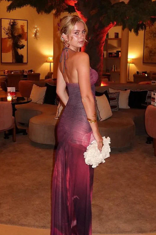 Mesh Floral Ruched Backless Maxi Dress