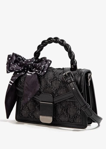 Aurelia Noir - Textured Faux Leather Mini Handbag with Printed Bow