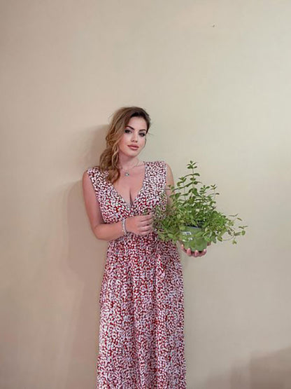 Ditsy Floral Maxi Dress for Women - Brick Red Sleeveless Side Slit V Neck Sundress - Summer Beach Resort Wear 2026