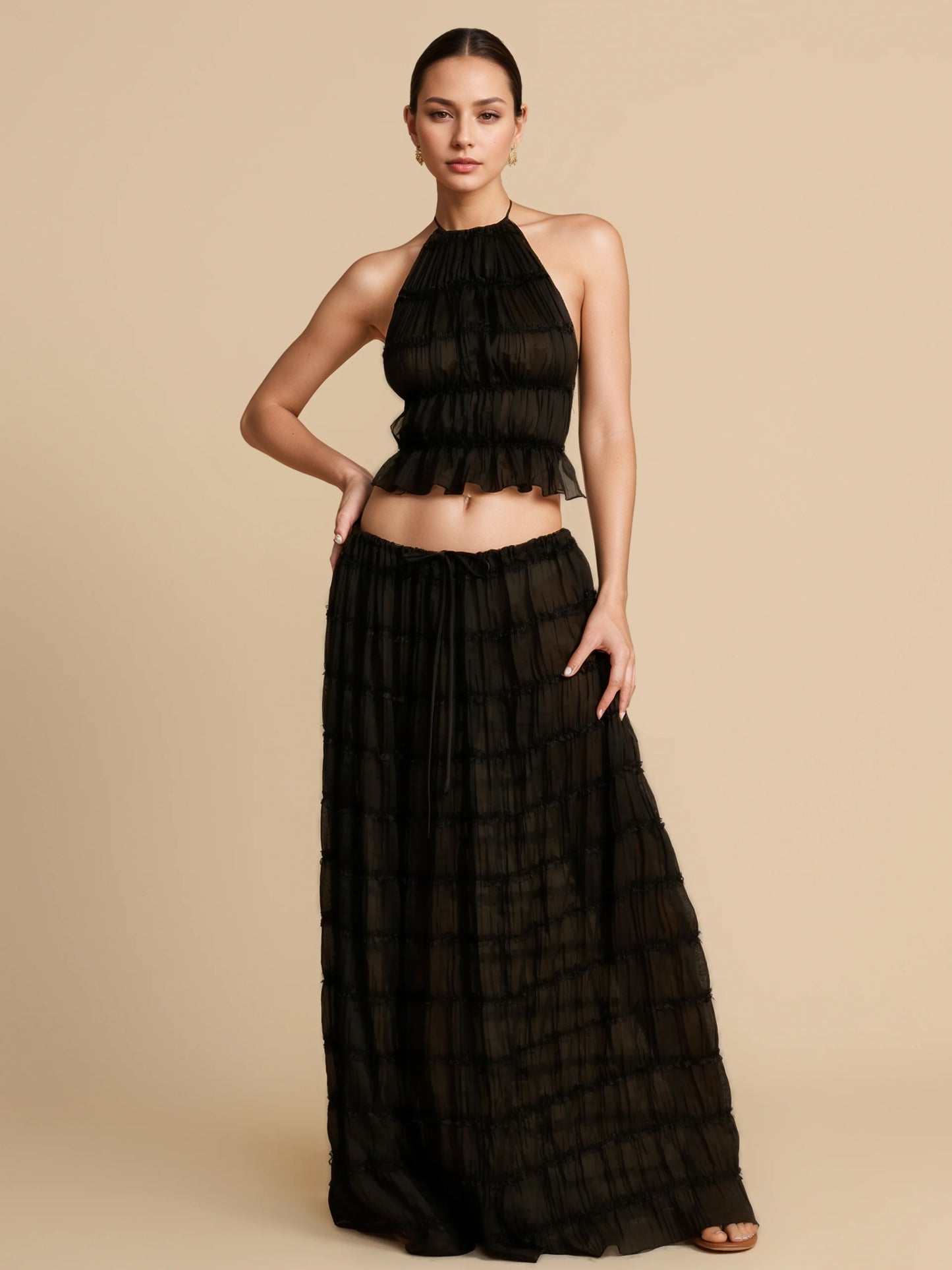 Textured Halter Neck Crop Top And Long Skirt 2 Piece Co-ord Set For Beach 2026
