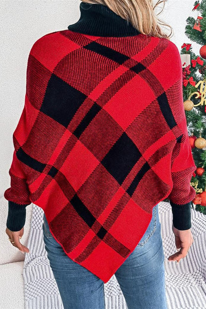 Plaid Contrast Turtleneck Cape Sweater