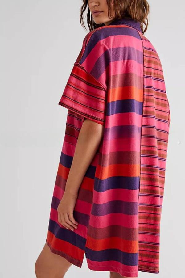 Mid-length Sleeve Lapel Contrast Striped Loose Casual Dress