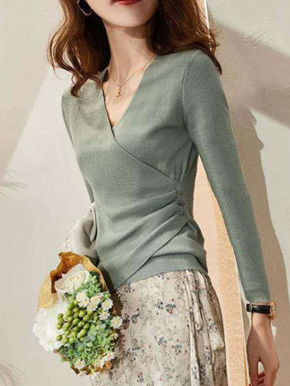 Jocelyn Casual V-Neck Solid Color Knitted Top-Black