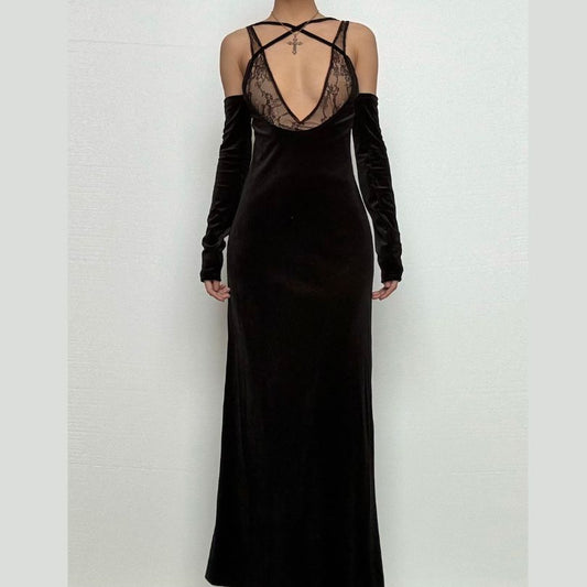 Off shoulder v neck velvet lace hem cami maxi dress