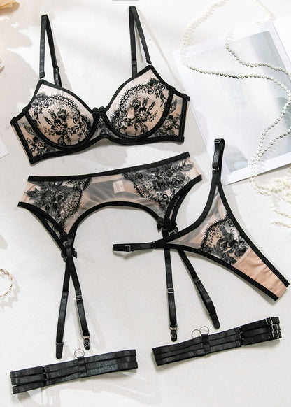 Mireille – Floral Embroidered Lingerie & Garter Belt Set