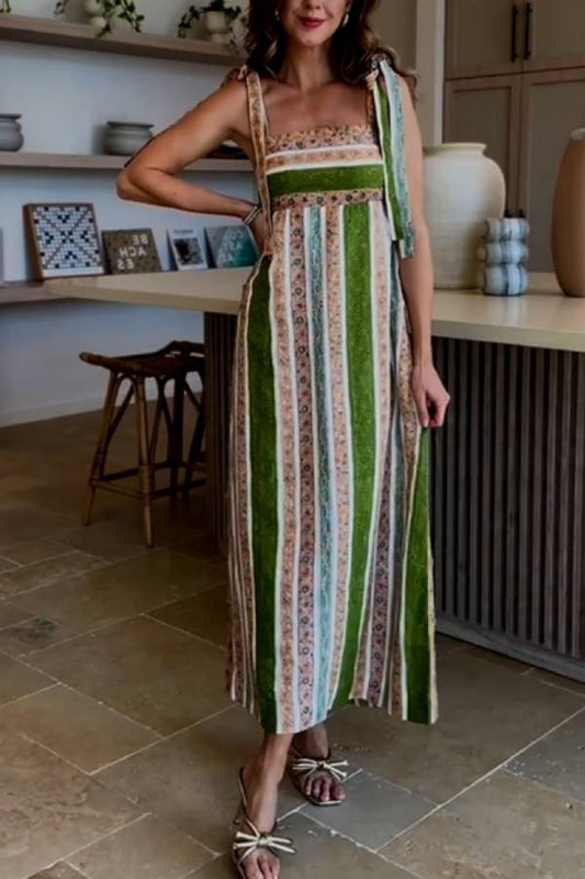 Vintage Color Striped Print Maxi Dress
