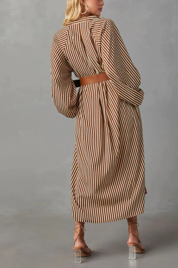 ETHEREAL SWEETIE STRIPED BELTED MIDI DRESS