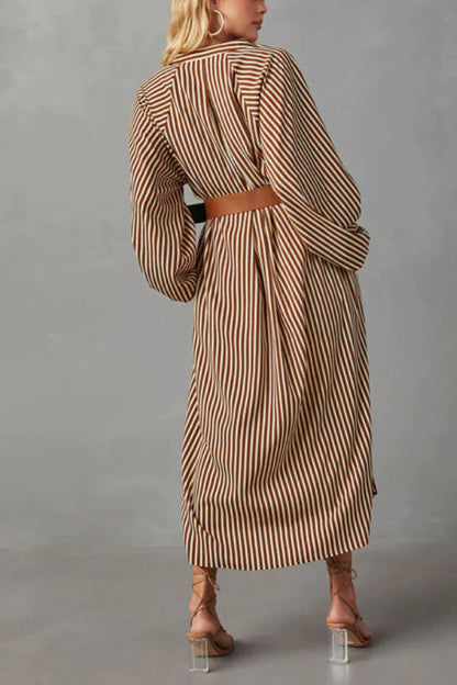 ETHEREAL SWEETIE STRIPED BELTED MIDI DRESS