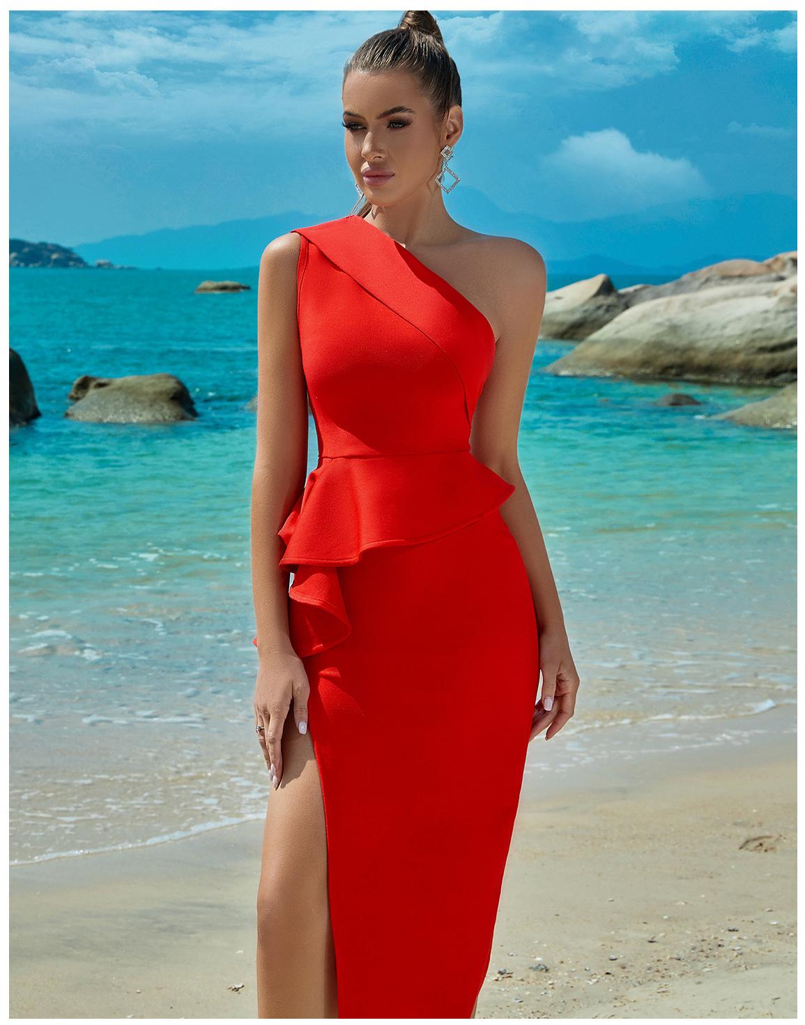 One-Shoulder Peplum Ruffle High Slit Bodycon Midi Dress