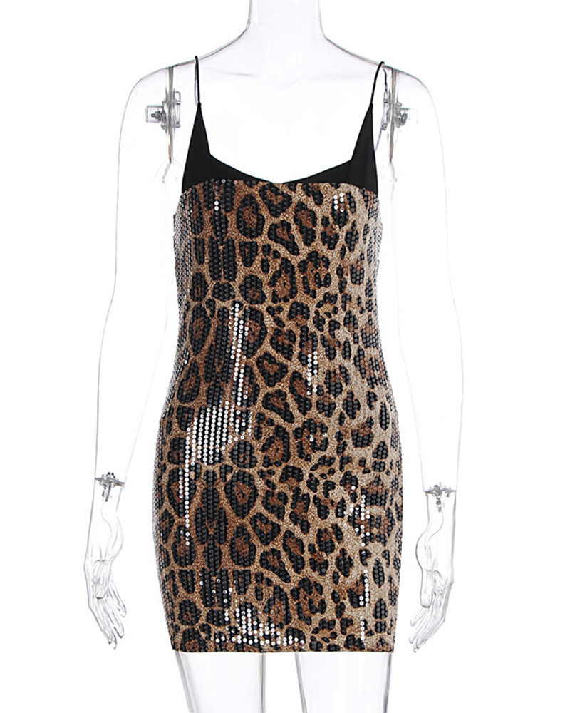 Leopard Print Sequin Wrap Dress