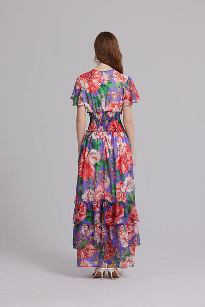 V Neck Ruffled Short Sleeve Stretch High Waisted Princess Style Print Long Dress