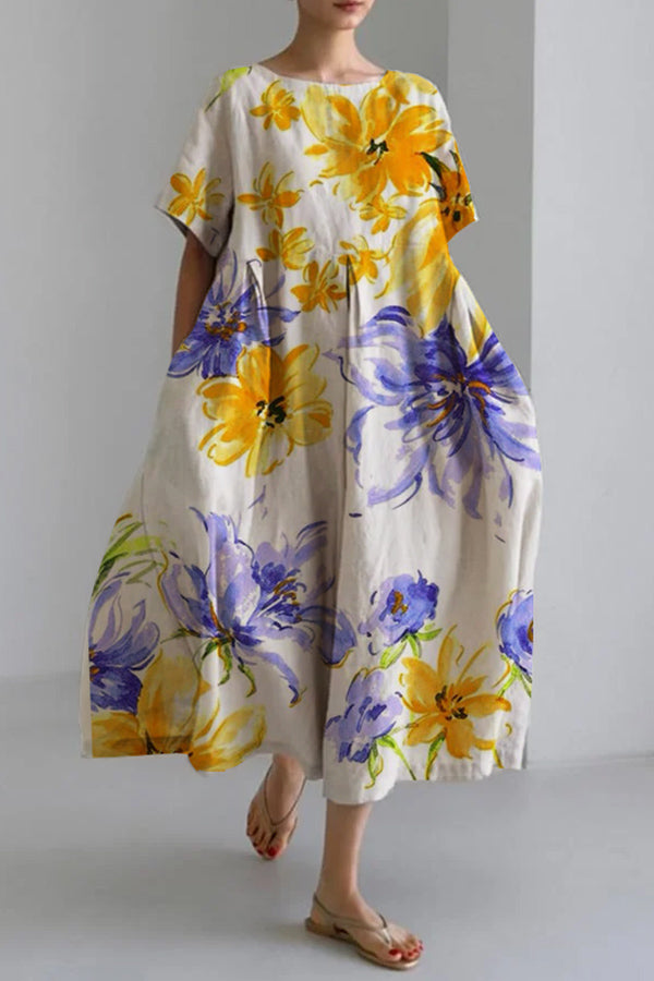 Women's cotton-mixed spring and summer casual loose round neck floral retro flower mid-length dress
